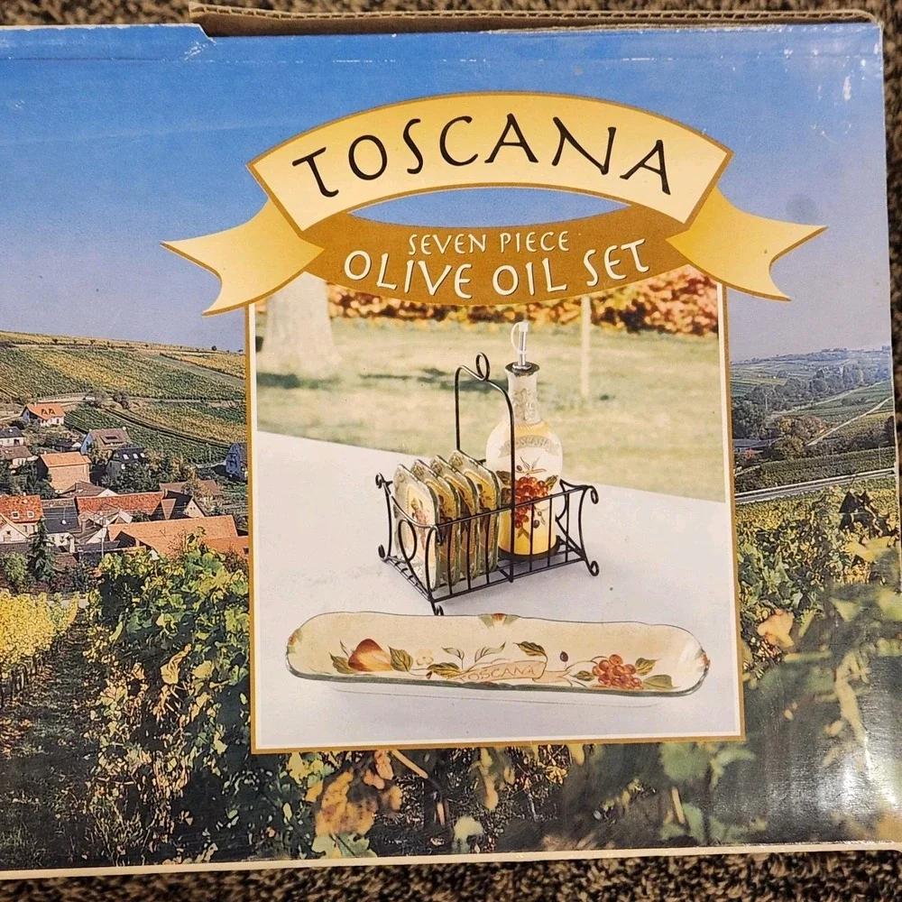 Toscana Olive oil seven piece serving set. Wine and cheese.